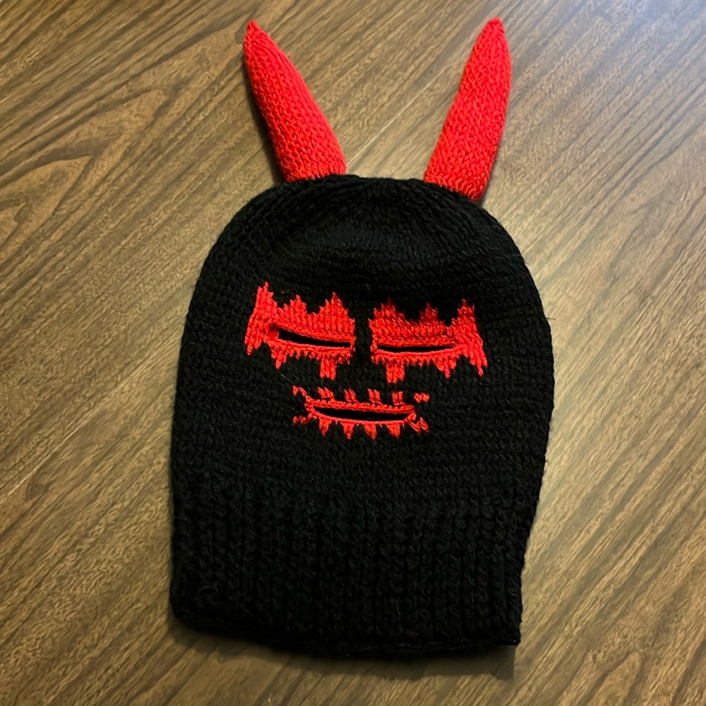 Black & Red Devil Ear Knit Beanie Hat - Men Accessories Hats